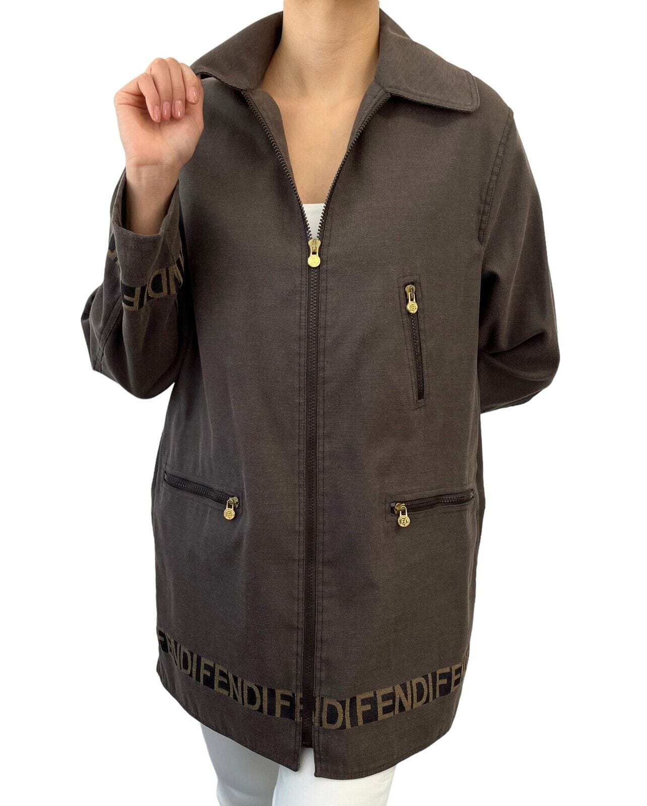 Luxury Promise Japan FENDI Vintage Logo Zipped Jacket #40 Polyester Cotton Brown Gold RankAB+