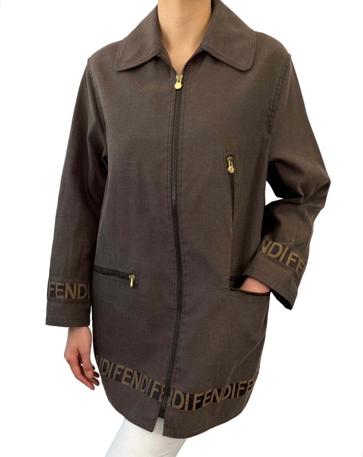 Luxury Promise Japan FENDI Vintage Logo Zipped Jacket #40 Polyester Cotton Brown Gold RankAB+