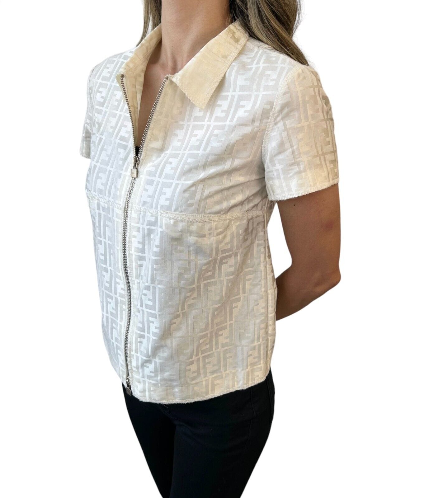 Luxury Promise Japan FENDI Vintage Zucca Monogram Logo Zipped Jacket #38 Short Sleeve Cream Rank AB