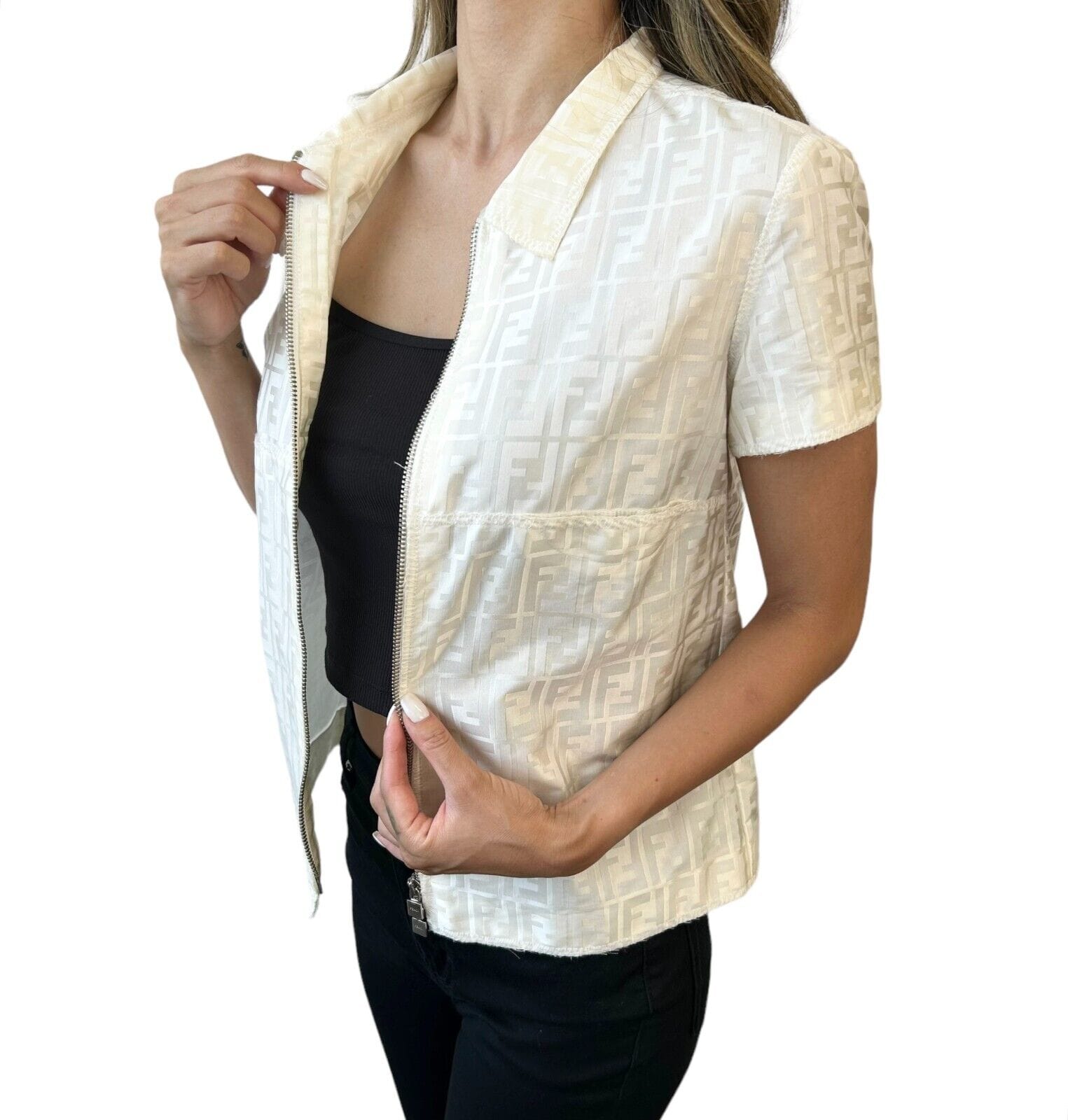 Luxury Promise Japan FENDI Vintage Zucca Monogram Logo Zipped Jacket #38 Short Sleeve Cream Rank AB