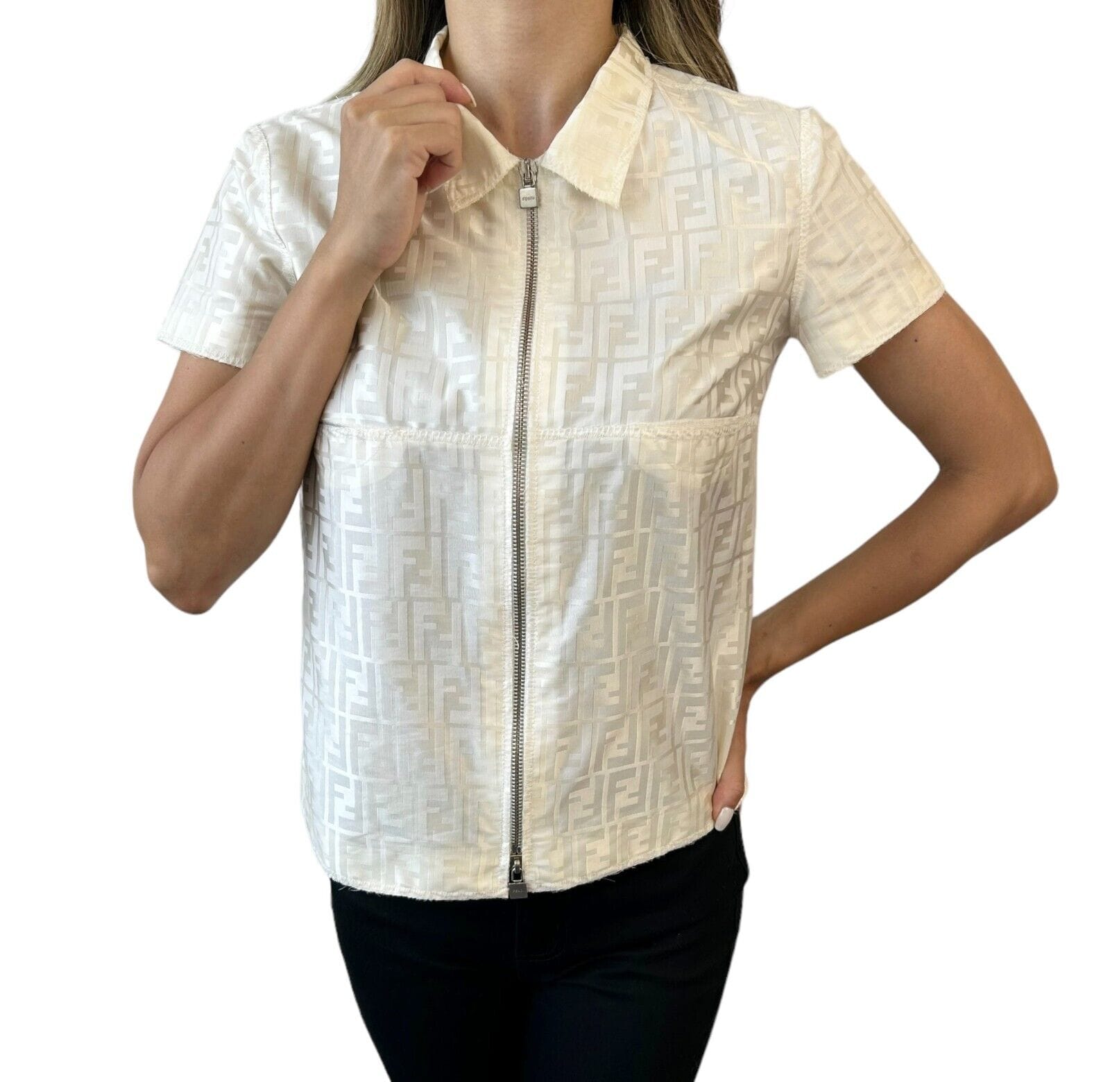 Luxury Promise Japan FENDI Vintage Zucca Monogram Logo Zipped Jacket #38 Short Sleeve Cream Rank AB