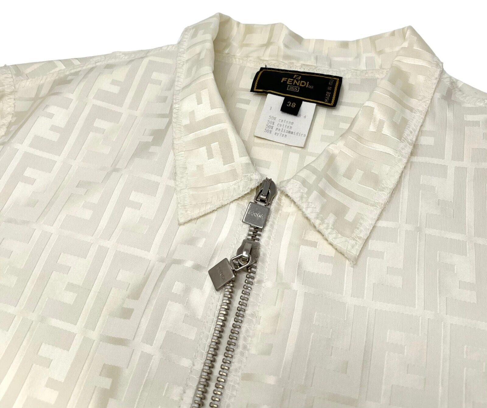 Luxury Promise Japan FENDI Vintage Zucca Monogram Logo Zipped Jacket #38 Short Sleeve Cream Rank AB