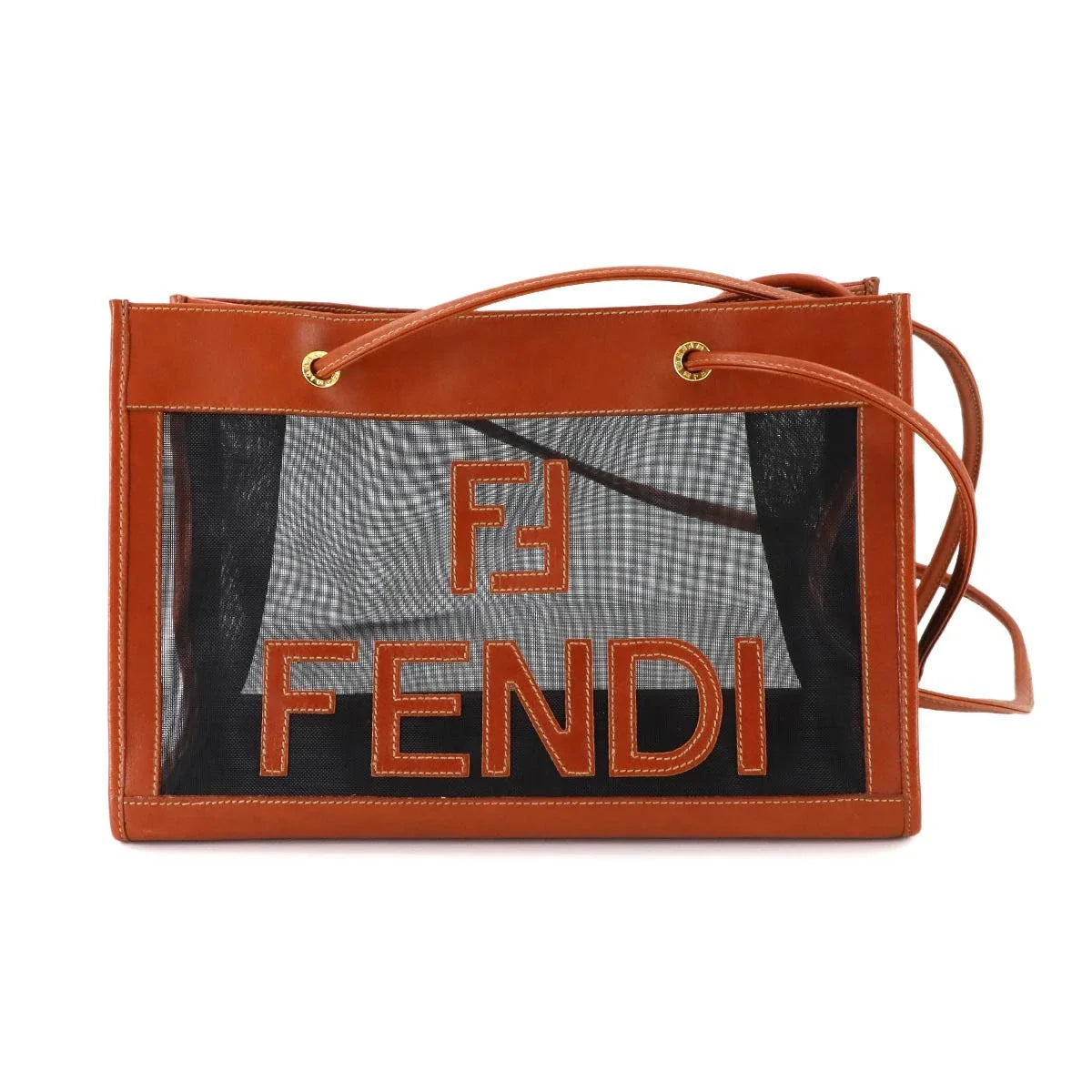 Luxury Promise Japan FENDI Mesh Tote Bag Leather Brown Black Purse 90292550