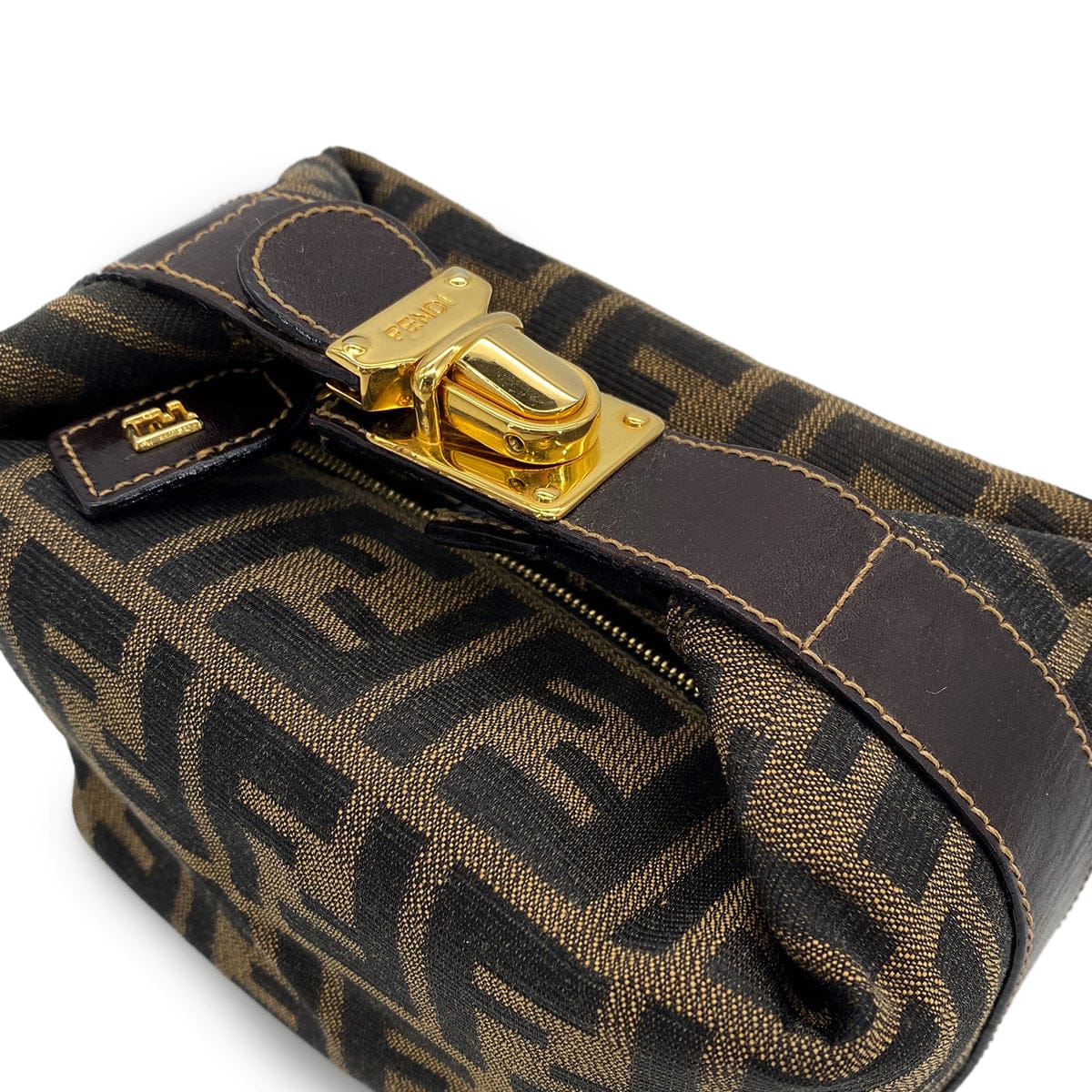 Luxury Promise Japan FENDI ZUCCA POUCH HAND BAG BROWN BLACK CANVAS LEATHER 90299060