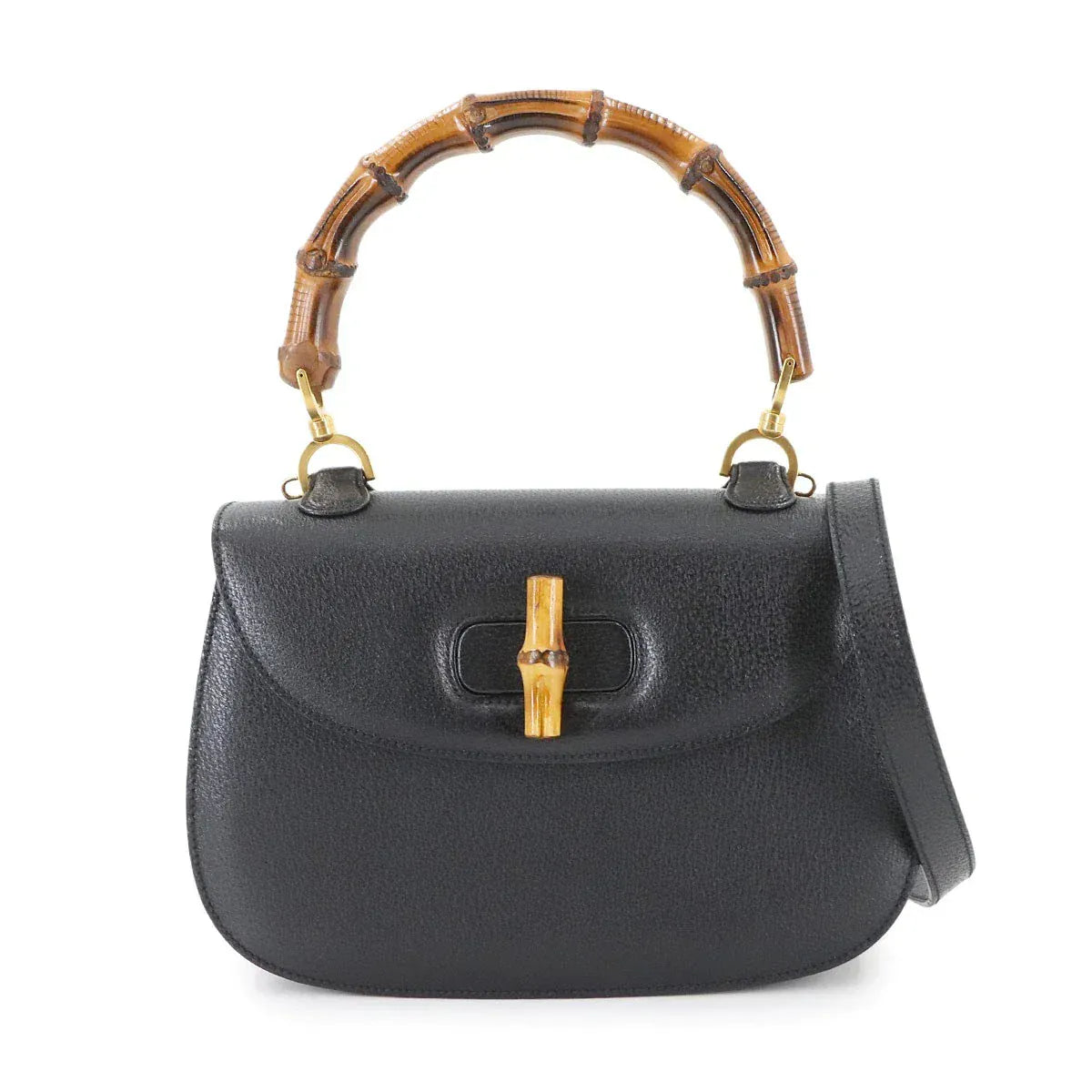 Luxury Promise Japan GUCCI Bamboo 2way Hand Shoulder Bag Leather Black Purse 90277544