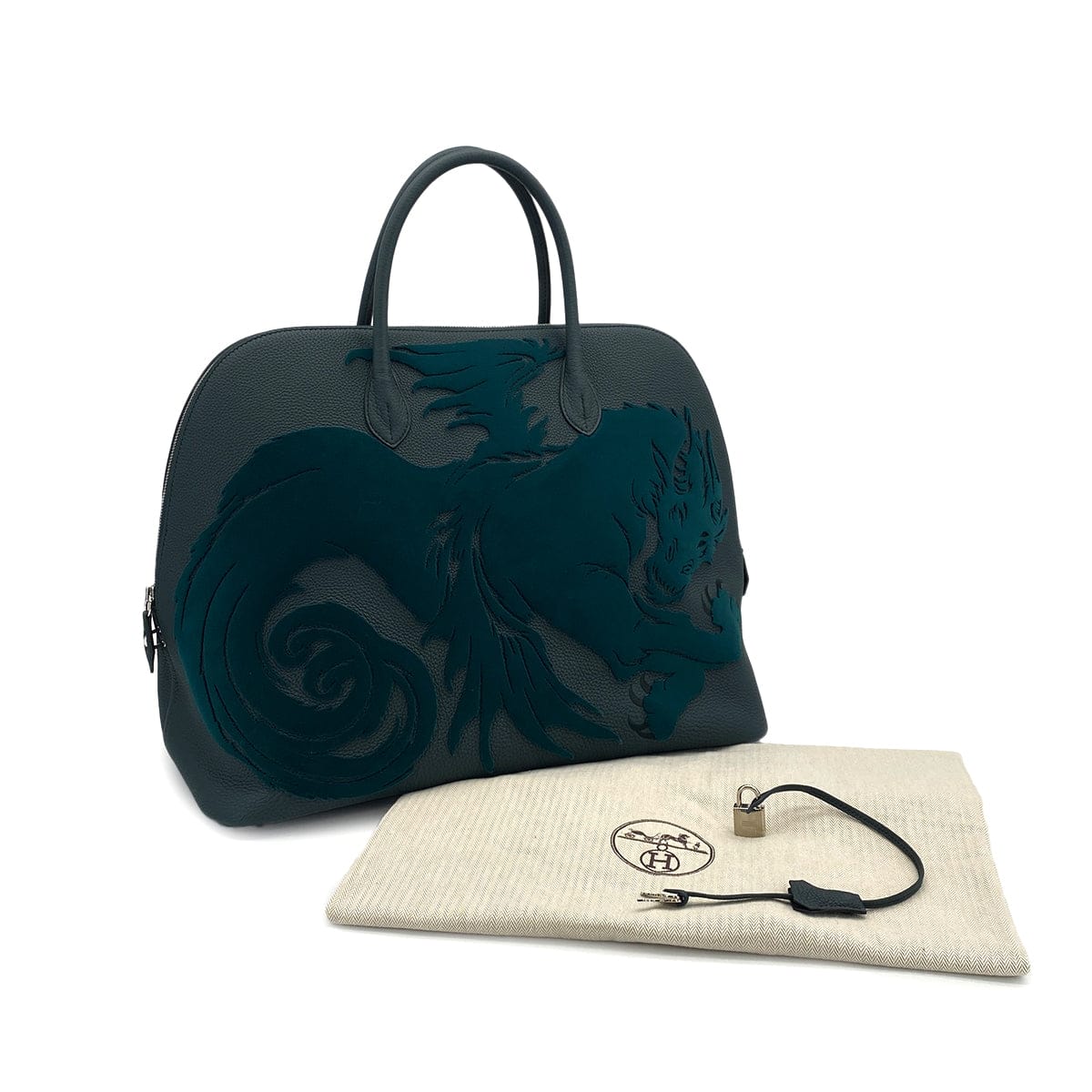 Luxury Promise Japan HERMES BOLIDE 1923 45 CHIMERES DRAGON VERT CYPRESS TOGO VELVET HAND BAG 2019 D STAMP PALLADIUM HARDWARE 90311974
