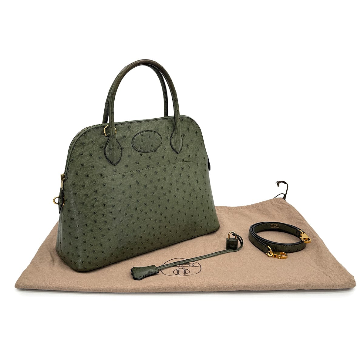 Luxury Promise Japan HERMES BOLIDE 31 VERT OSTRICH HAND SHOULDER BAG 1995 CIRCLE Y GOLD HARDWARE 90318277