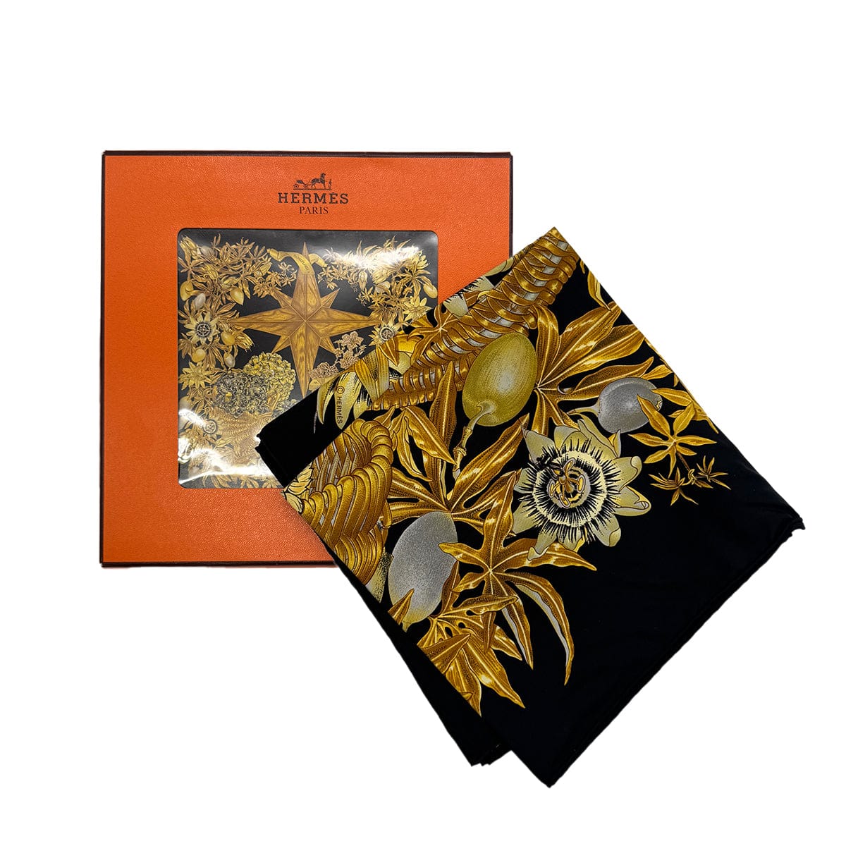 Luxury Promise Japan HERMES CARRE 90 PASSIFLORES SCARF SILK BLACK YELLOW 90285382