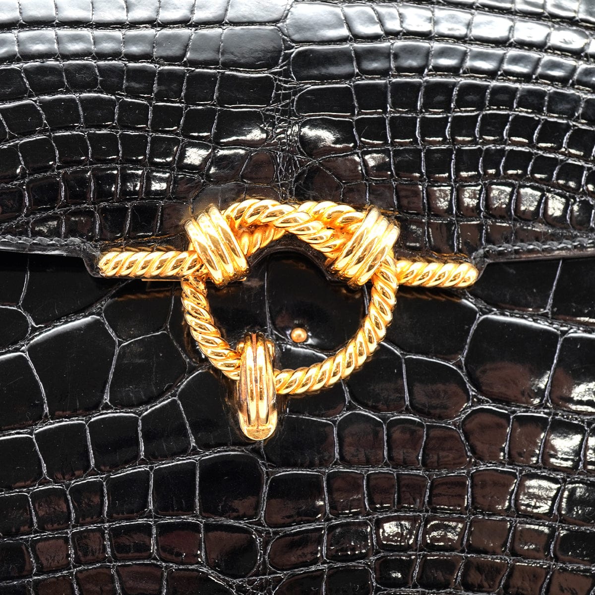 Luxury Promise Japan HERMES CORDELIERE ALLIGATOR BLACK HAND BAG 1990 CIRCLE T GOLD HARDWARE 90335570