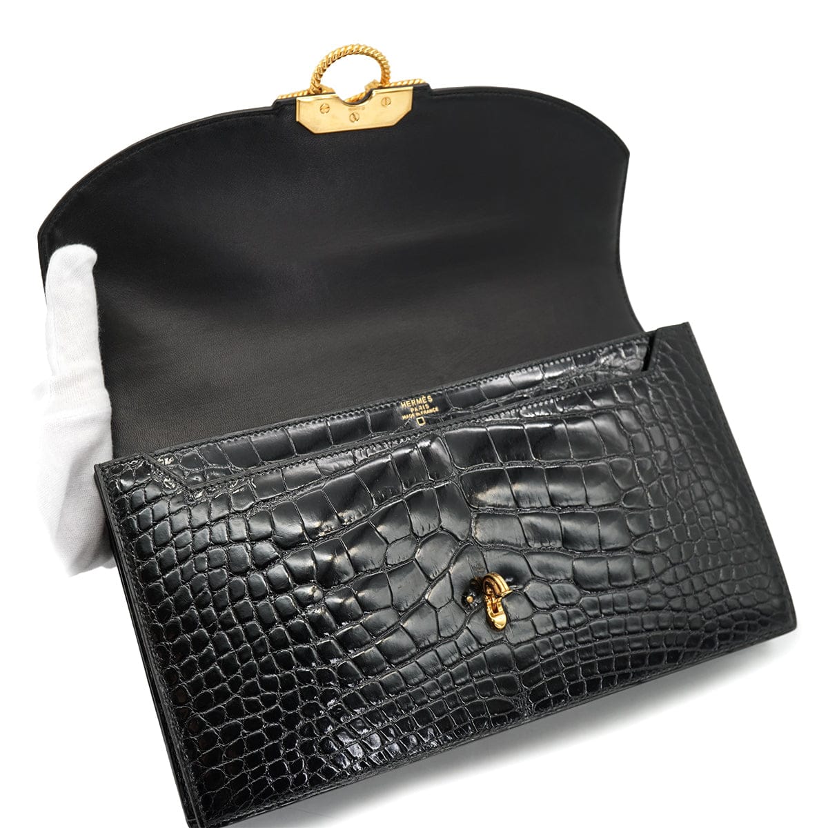 Luxury Promise Japan HERMES CORDELIERE ALLIGATOR BLACK HAND BAG 1990 CIRCLE T GOLD HARDWARE 90335570