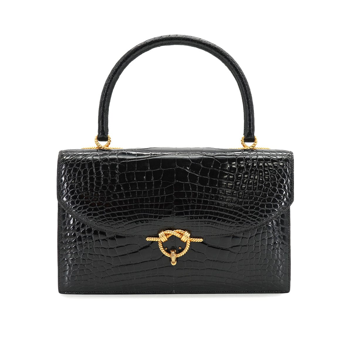 Luxury Promise Japan HERMES CORDELIERE ALLIGATOR BLACK HAND BAG 1990 CIRCLE T GOLD HARDWARE 90335570