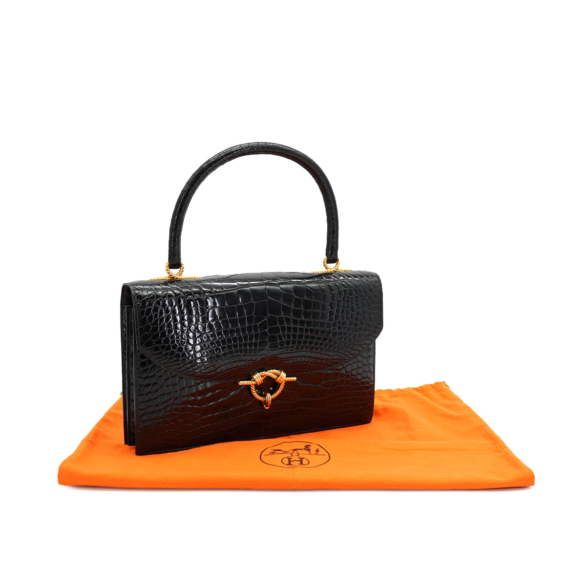 Luxury Promise Japan HERMES CORDELIERE ALLIGATOR BLACK HAND BAG 1990 CIRCLE T GOLD HARDWARE 90335570