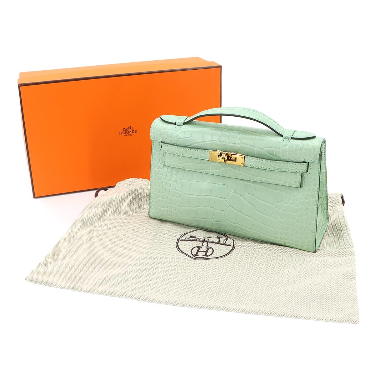 Luxury Promise Japan HERMES Crocodile Alligator Pochette Kelly Handbag, Vert d'Or, W stamp, Gold hardware, Hermes 90338530