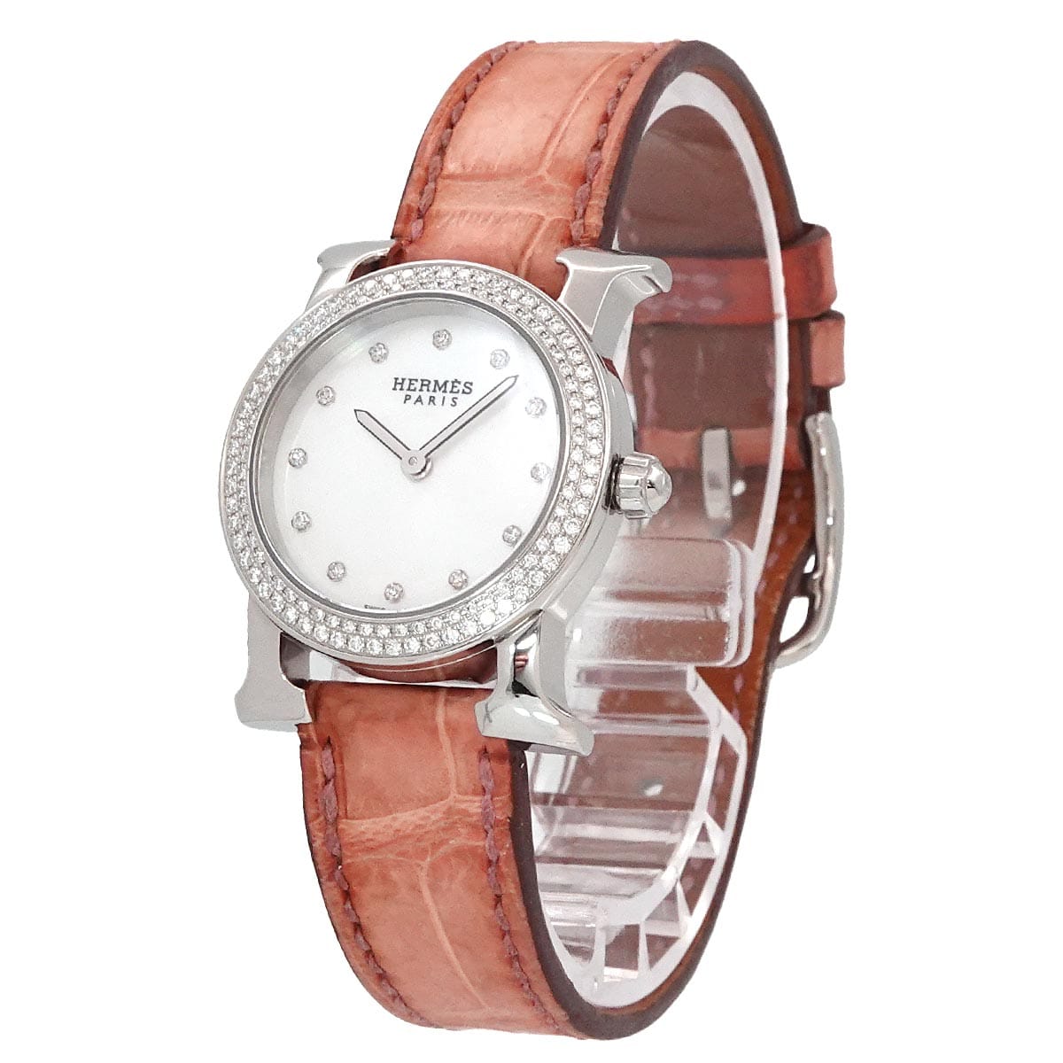 Luxury Promise Japan HERMES H Watch Ronde HR1 230 12P Diamond Bezel Women's Watch White Shell Quartz Watch 90289984