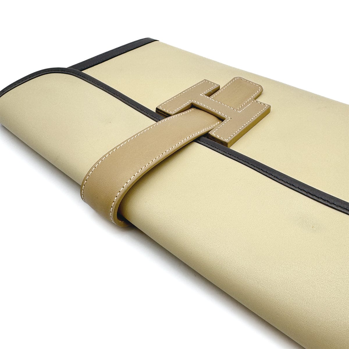 Luxury Promise Japan HERMÈS JIGE PM CLUTCH BAG ECRU GRAPHITE BISCUIT BOX CALF 2000 SQUARE D 90313411