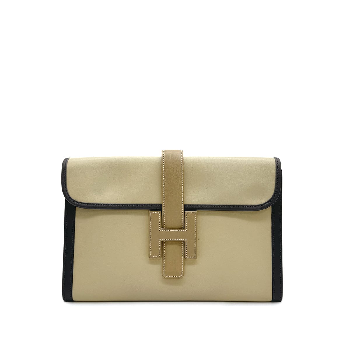 Luxury Promise Japan HERMÈS JIGE PM CLUTCH BAG ECRU GRAPHITE BISCUIT BOX CALF 2000 SQUARE D 90313411