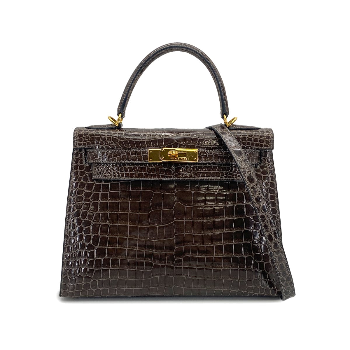 Luxury Promise Japan HERMES KELLY 28 GRIS ELEPHANT POROSUS CROCODILE HAND SHOULDER BAG 2001 SQUARE E GOLD HARDWARE 90323190