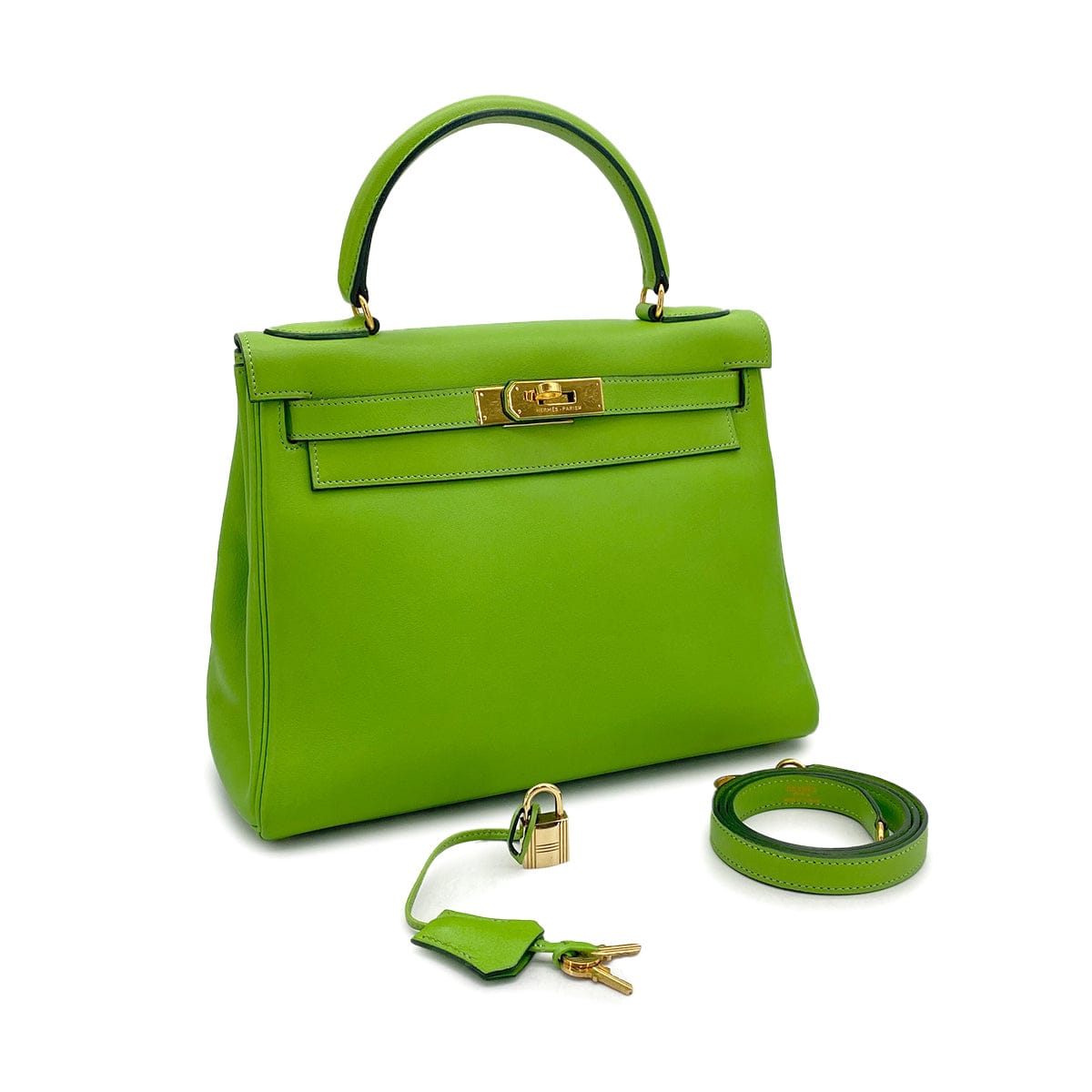 Luxury Promise Japan HERMES KELLY 28 RETORNE APPLE GREEN VEAU GULLIVER HAND SHOULDER BAG 1992 CIRCLE V GOLD HARDWARE 90317191