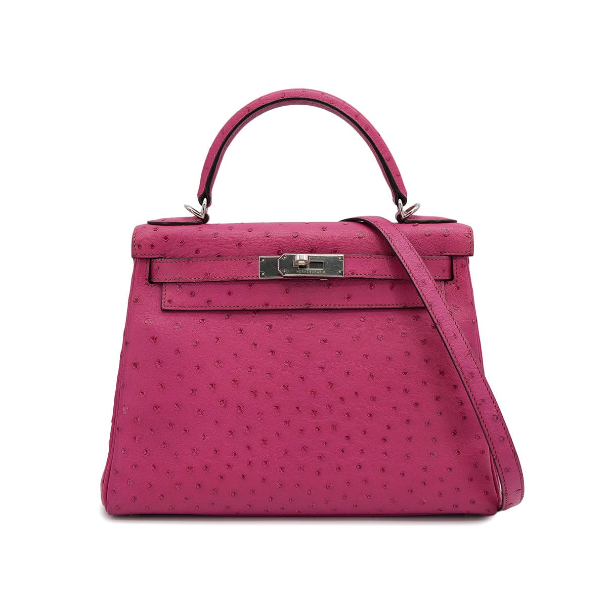 Luxury Promise Japan HERMES KELLY 28 RETORNE FUCHSIA OSTRICH HAND SHOULDER BAG 2004 SQUARE H PALLADIUM HARDWARE 90318618