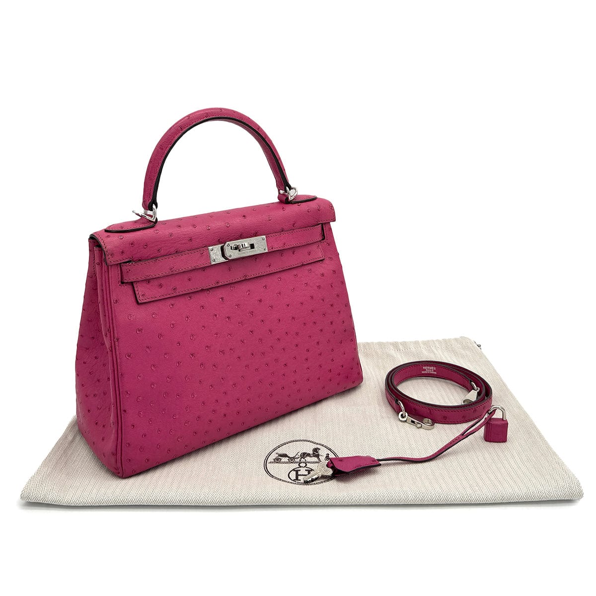Luxury Promise Japan HERMES KELLY 28 RETORNE FUCHSIA OSTRICH HAND SHOULDER BAG 2004 SQUARE H PALLADIUM HARDWARE 90318618