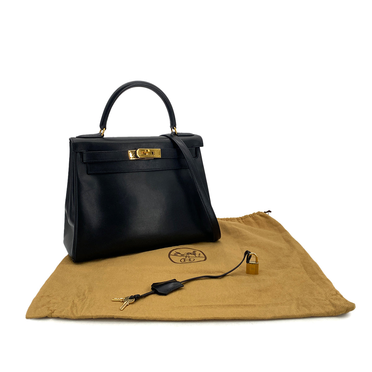 Luxury Promise Japan HERMES KELLY 28 RETOURNE BLACK BOX CALF HAND BAG 〇W GHW 90301095