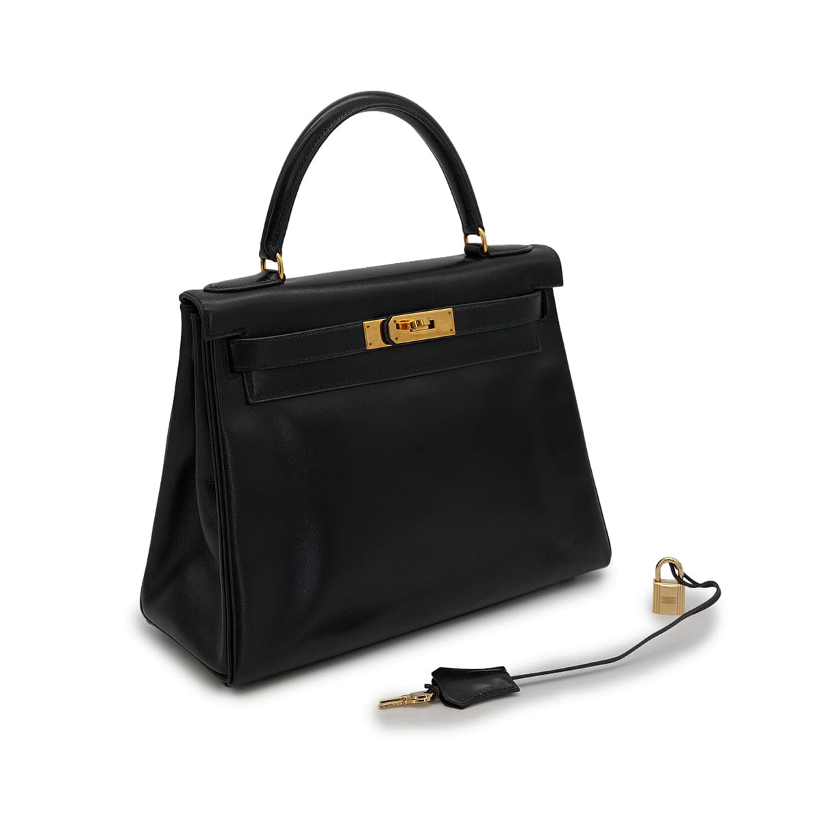 Luxury Promise Japan HERMES KELLY 28 RETOURNE BLACK BOXCALF HAND BAG 1992 CIRCLE V GOLD HARDWARE 90324219