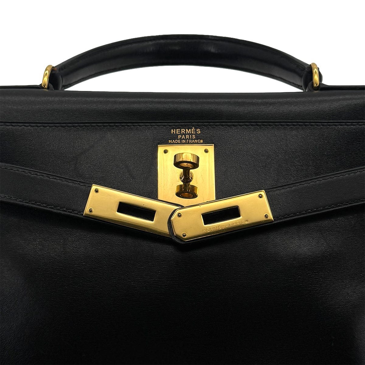 Luxury Promise Japan HERMES KELLY 28 RETOURNE BLACK BOXCALF HAND BAG 1992 CIRCLE V GOLD HARDWARE 90324219