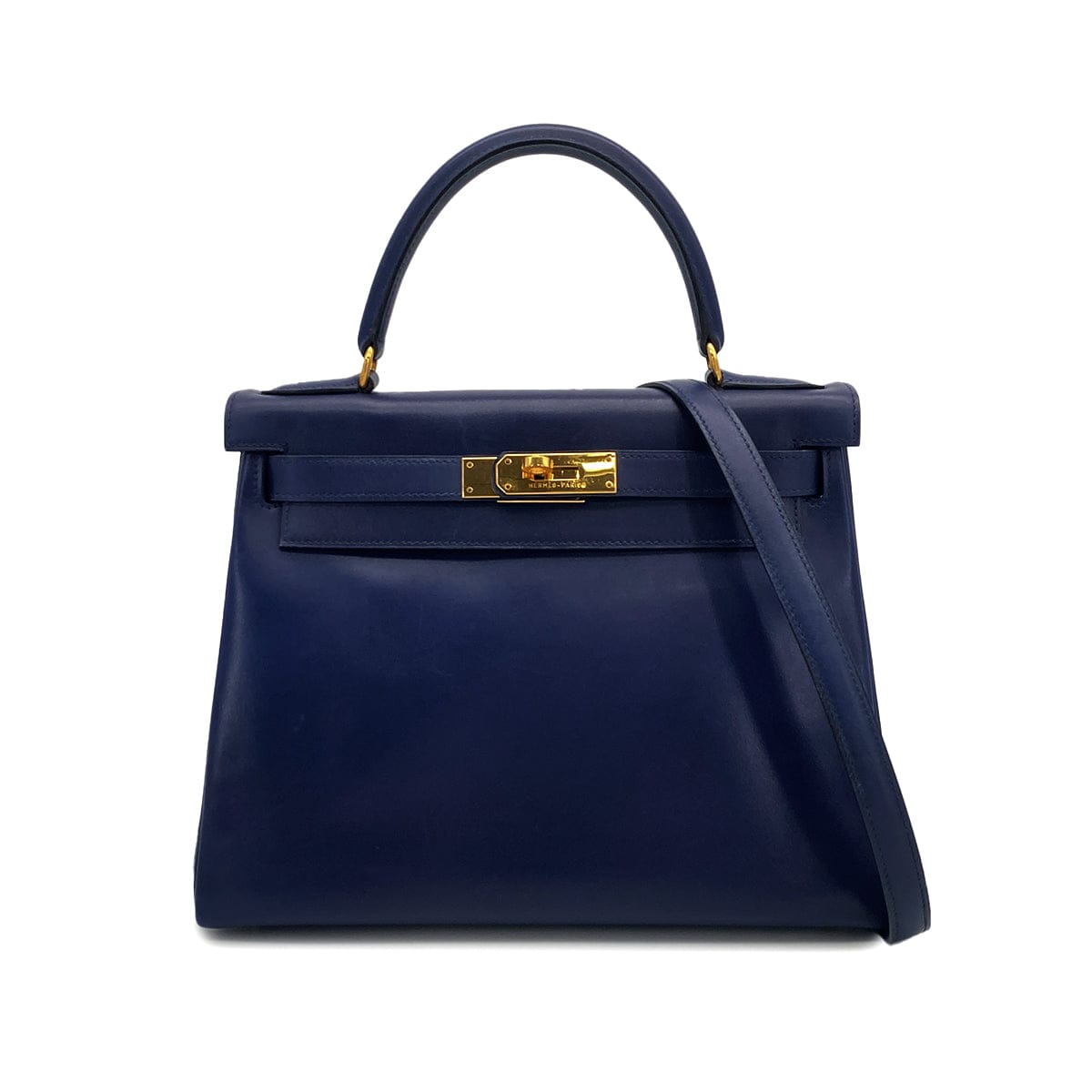 Luxury Promise Japan HERMES KELLY 28 RETOURNE BLUE BOXCALF HAND SHOULDER BAG 1995 CIRCLE Y GOLD HARDWARE 90308969