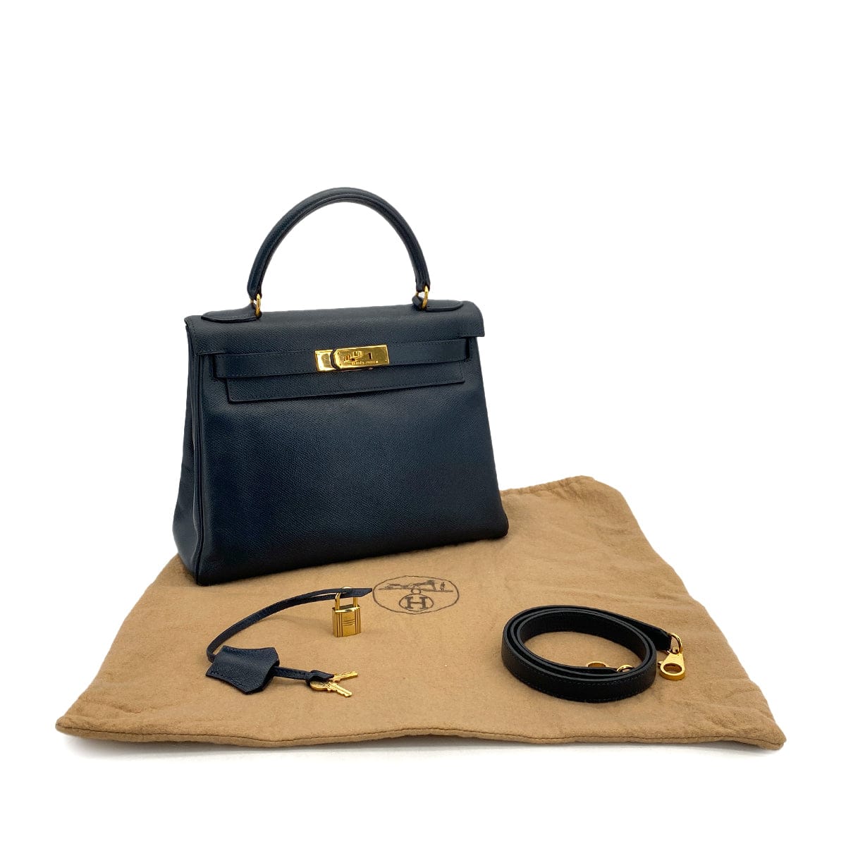 Luxury Promise Japan HERMES KELLY 28 RETOURNE BLUE INDIGO COUCHEVEL HAND SHOULDER BAG 1994 CIRCLE X GOLD HARDWARE 90311963