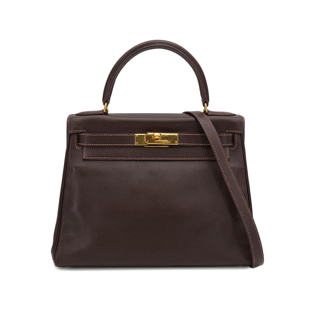 luxury promise japan HERMES KELLY 28 RETOURNE CHOCOLAT VEAU GULLIVER HAND SHOULDER BAG 1996 CIRCLE Z GOLD HARDWARE 90313345