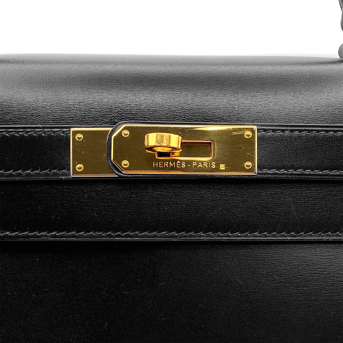 Luxury Promise Japan HERMES KELLY 28 SELLIER BLACK BOXCALF HAND BAG 1991 CIRCLE U GOLD HARDWRE 90314460