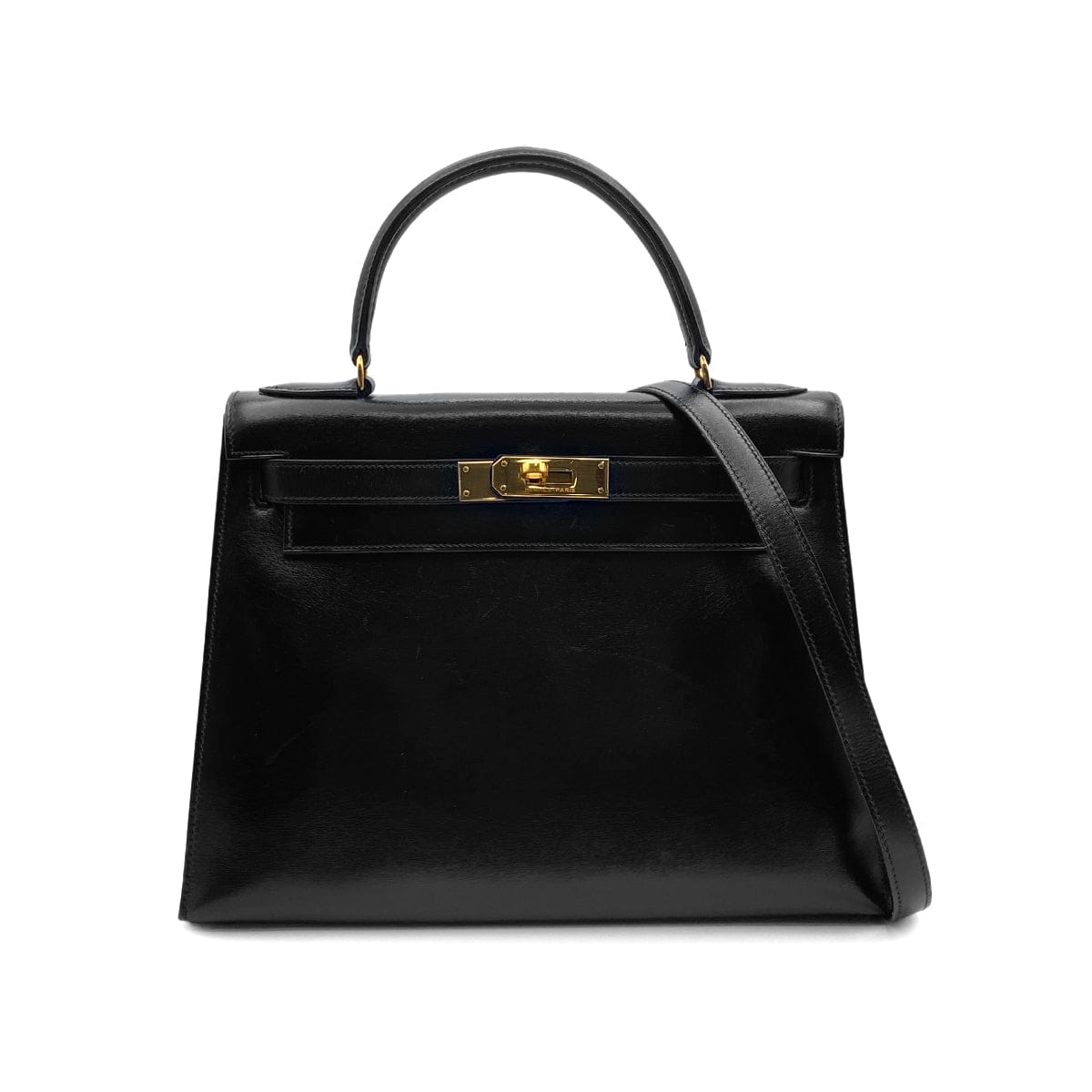 Luxury Promise Japan HERMES KELLY 28 SELLIER BLACK BOXCALF HAND SHOULDER BAG 1985 CIRCLE O GOLD HARDWRE 90315004