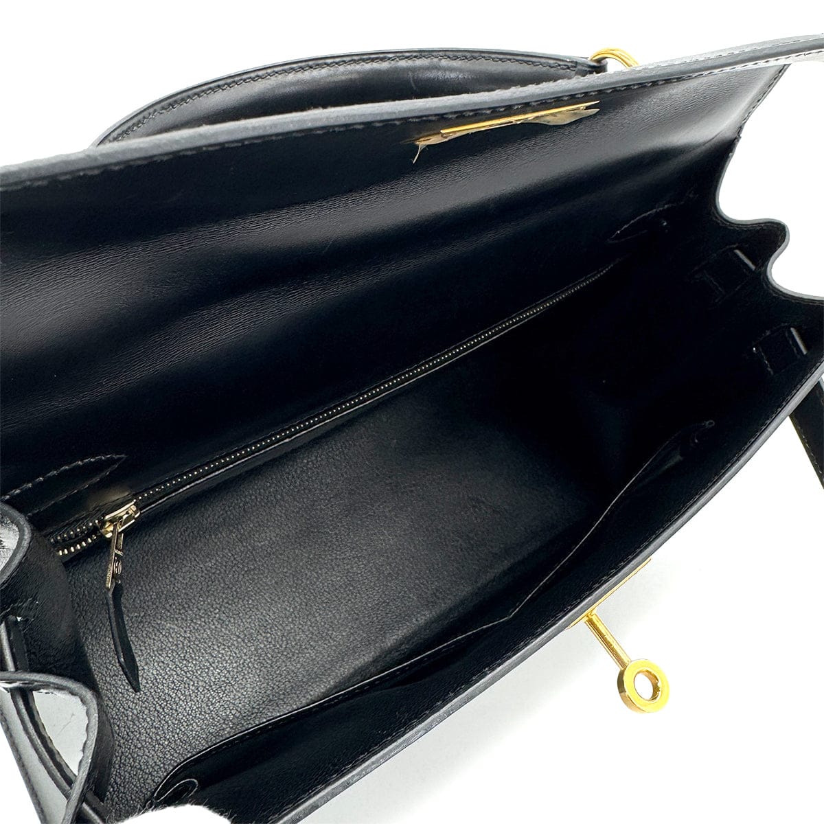 Luxury Promise Japan HERMES KELLY 28 SELLIER BLACK BOXCALF HAND SHOULDER BAG 1999 SQUARE C GOLD HARDWARE 90318200