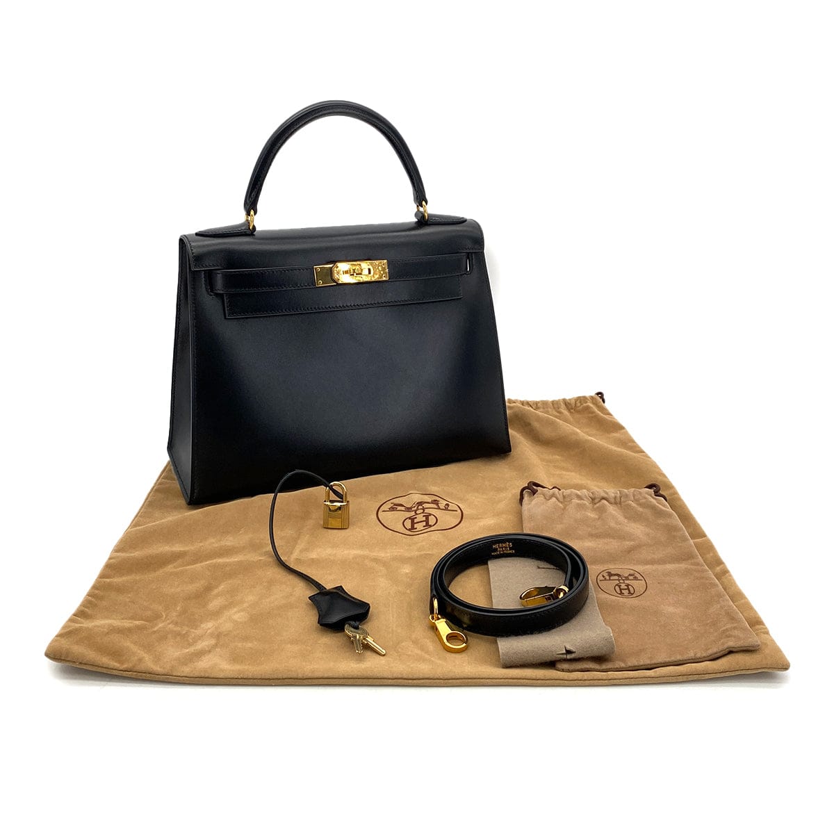Luxury Promise Japan HERMES KELLY 28 SELLIER BLACK BOXCALF HAND SHOULDER BAG □A GHW 90297514