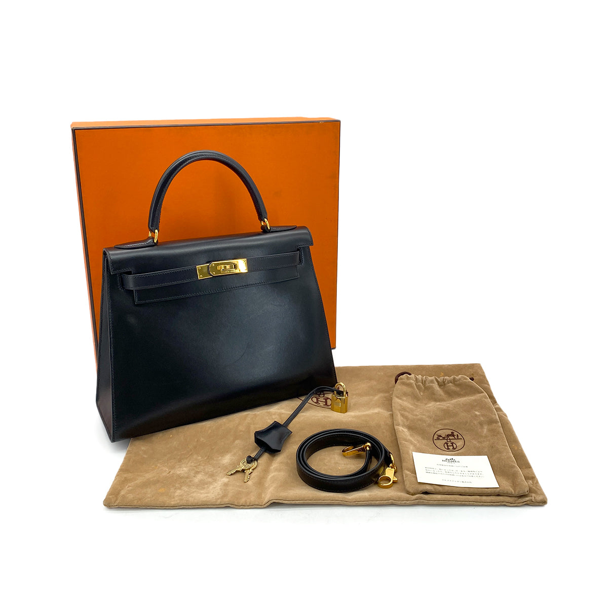 Luxury Promise Japan HERMES KELLY 28 SELLIER BLACK BOXCALF HAND SHOULDER BAG □C GHW 90281407
