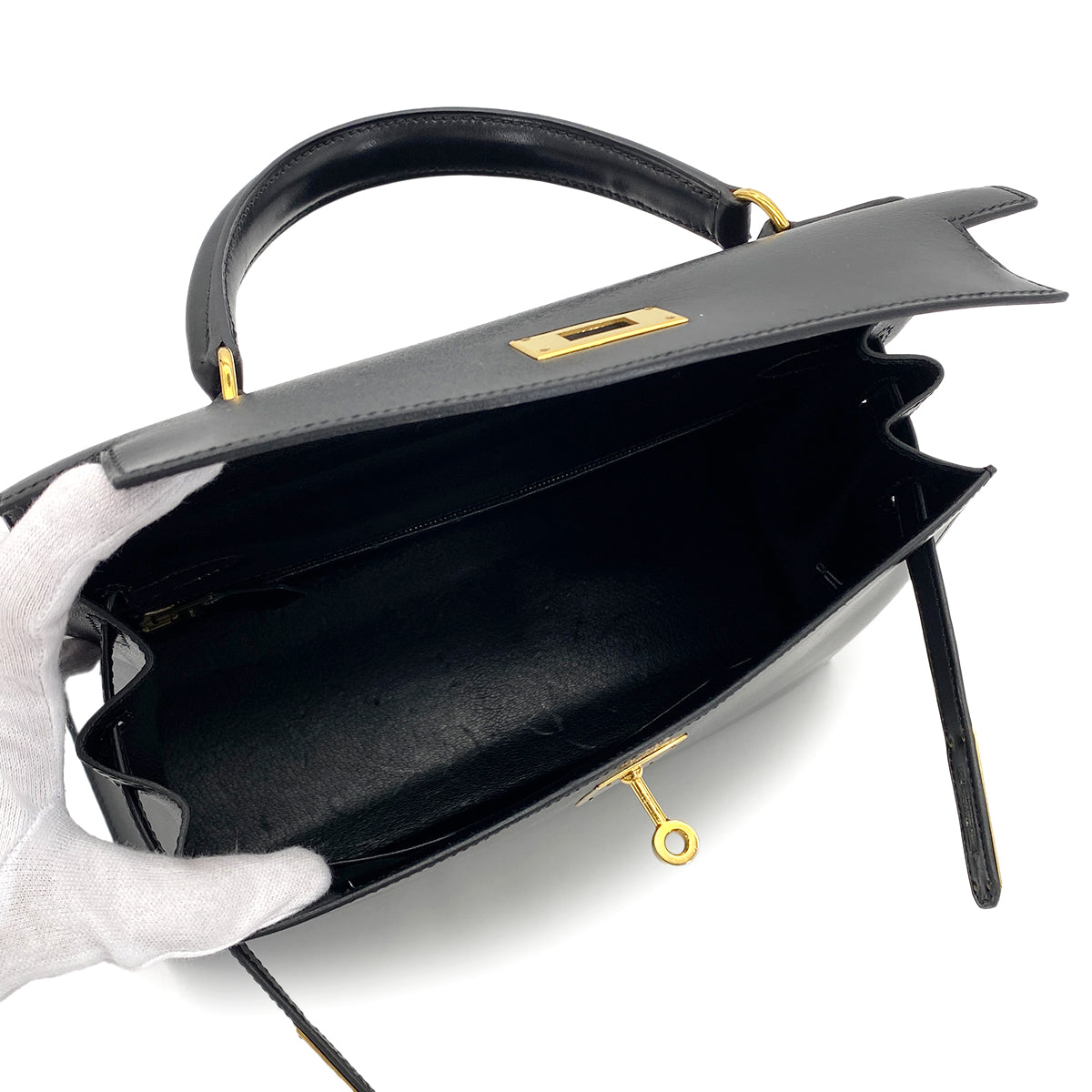 Luxury Promise Japan HERMES KELLY 28 SELLIER BLACK BOXCALF HAND SHOULDER BAG □C GHW 90281407