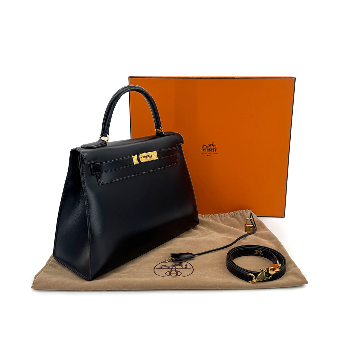 Luxury Promise Japan HERMES KELLY 28 SELLIER BLACK BOXCALF HAND SHOULDER BAG 〇W GHW 90282760