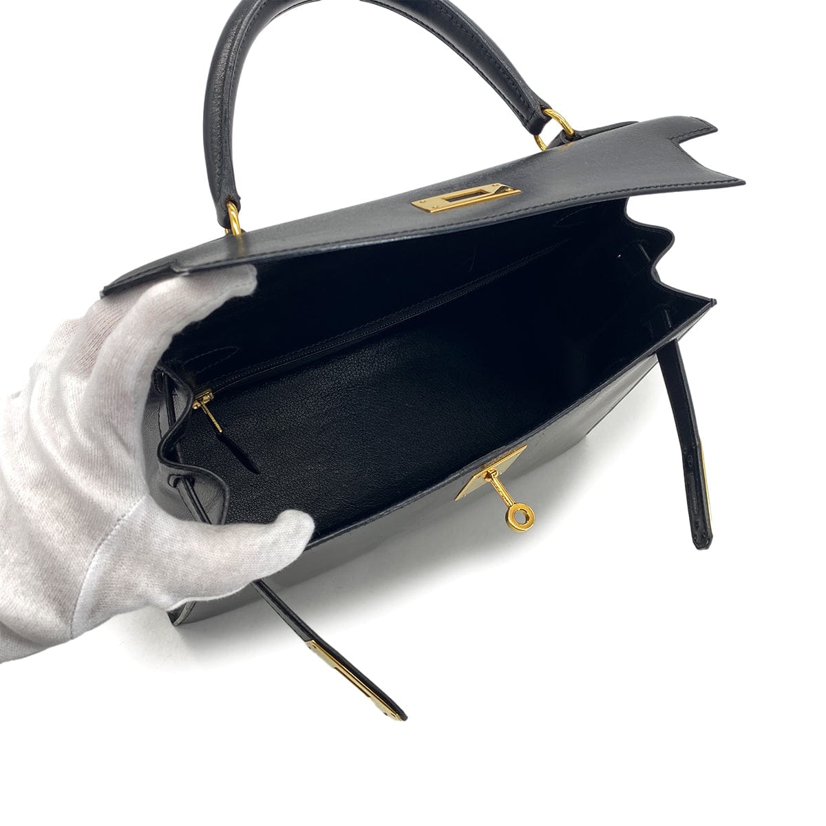 Luxury Promise Japan HERMES KELLY 28 SELLIER BLACK BOXCALF HAND SHOULDER BAG 〇Y GHW 90301093