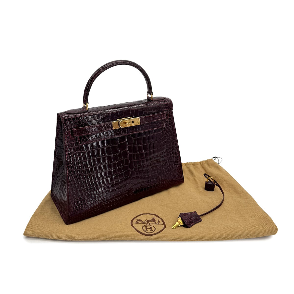 Luxury Promise Japan HERMES KELLY 28 SELLIER BORDEAUX CROCODILE HAND BAG 〇H GOLD HARDWARE 90310278