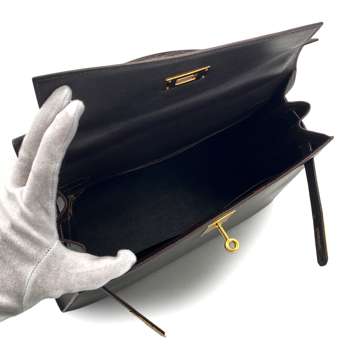 Luxury Promise Japan HERMES KELLY 28 SELLIER EBENE BOX CALF HAND SHOULDER BAG 〇U GHW 90301631