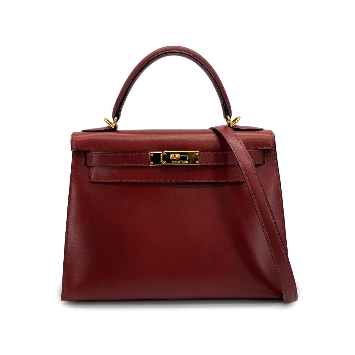 Luxury Promise Japan HERMES KELLY 28 SELLIER ROUGE H BOXCALF HAND SHOULDER BAG 2002 SQUARE F GOLD HARDWARE 90324446