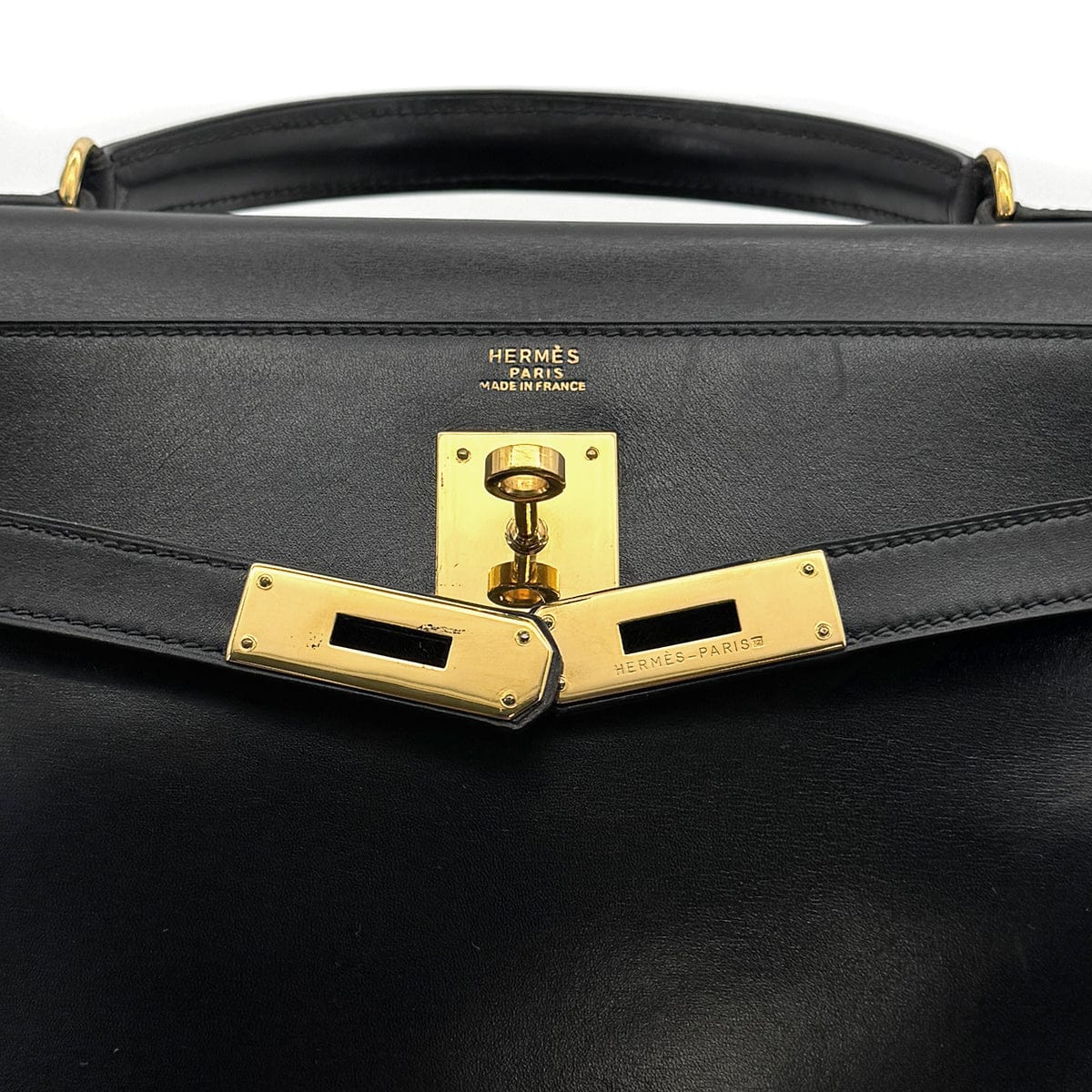 Luxury Promise Japan HERMES KELLY 32 RETORNE BLACK BOXCALF HAND BAG 1993 CIRCLE W GOLD HARDWARE 90318194