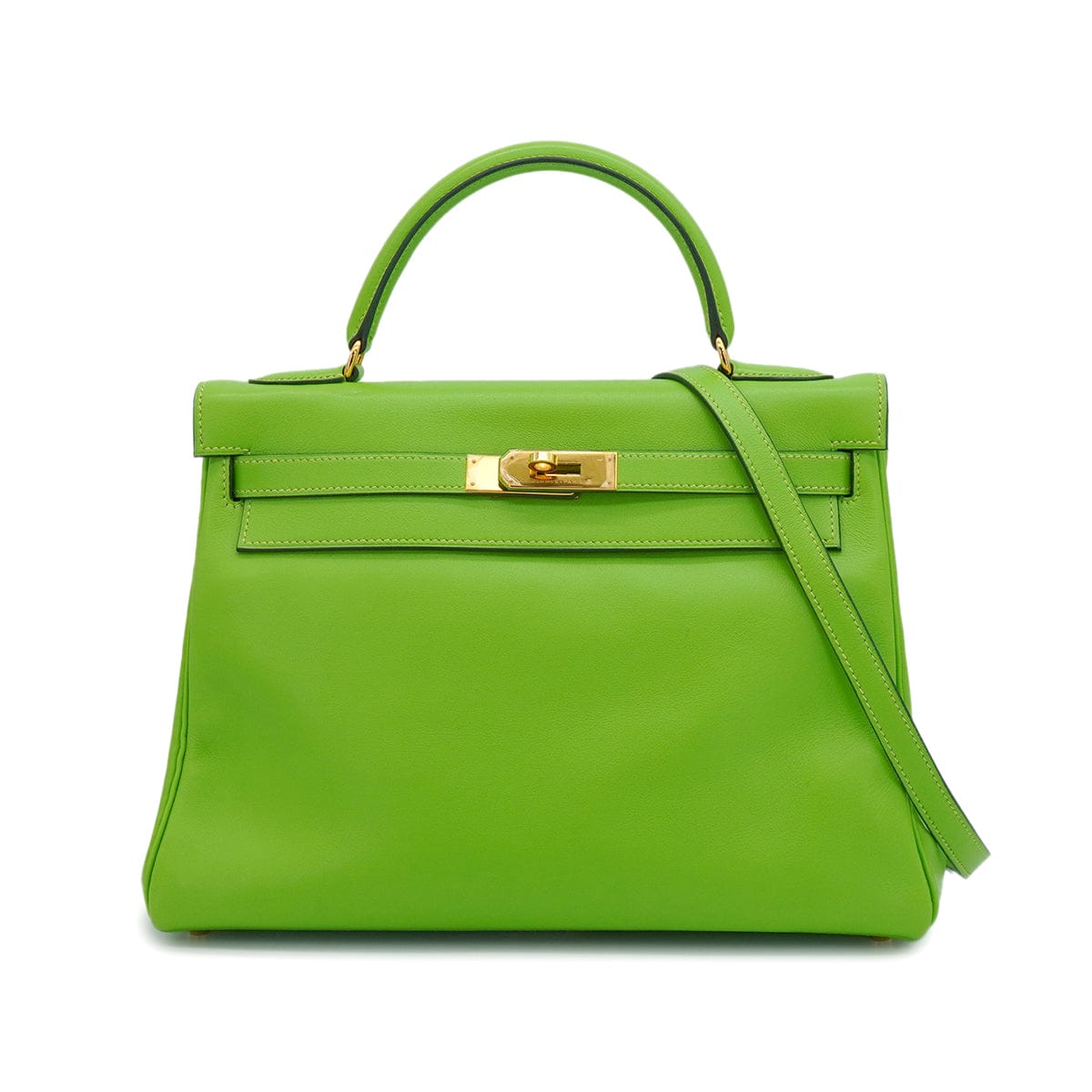 Luxury Promise Japan HERMES KELLY 32 RETOURNE APPLE GREEN VEAU GULLIVER HAND SHOULDER BAG 1998 SQUARE B  GOLD HARDWARE 90347153