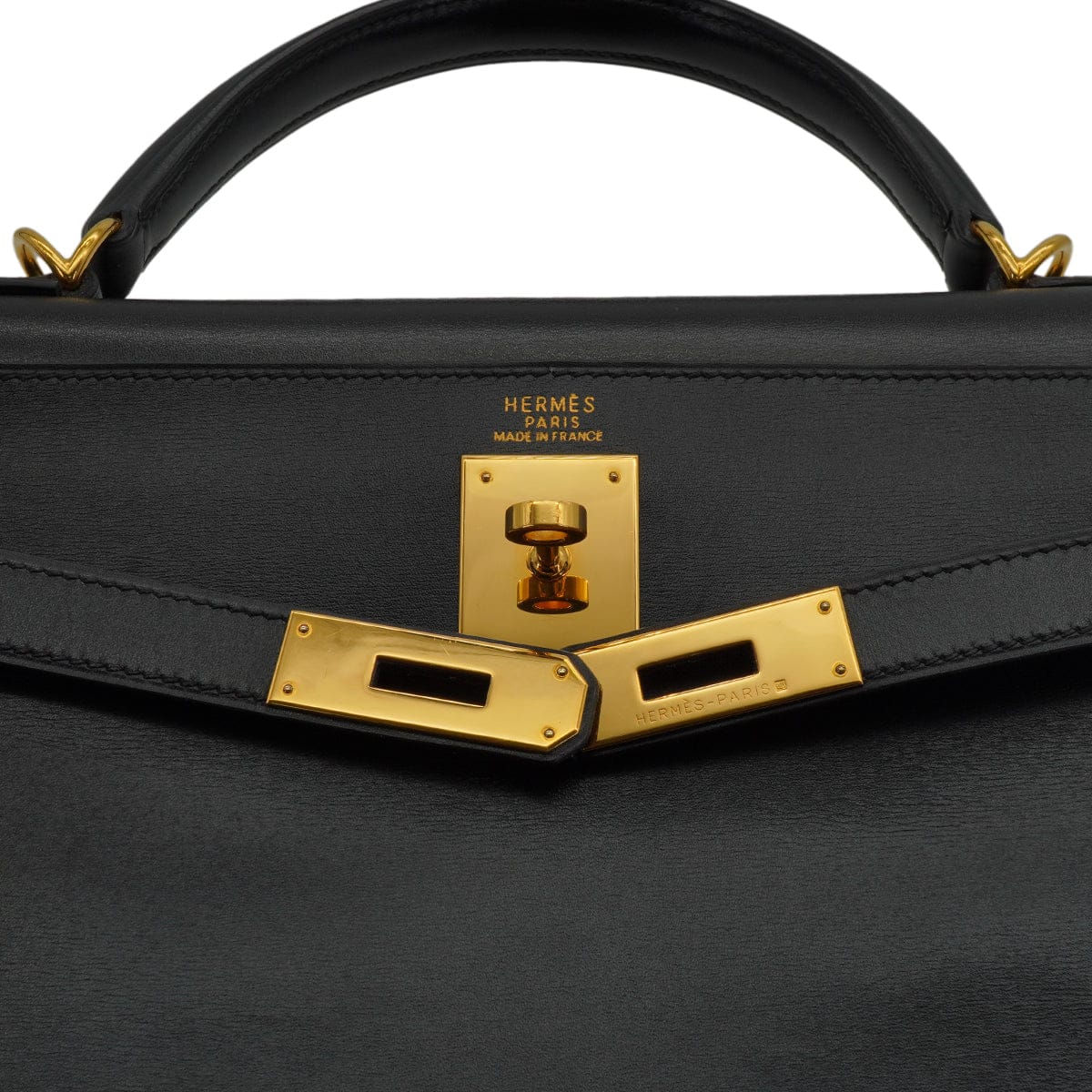 Luxury Promise Japan HERMES KELLY 32 RETOURNE BLACK BOX CALF HAND SHOULDER BAG 2001 SQUARE E GOLD HARDWARE 90339637