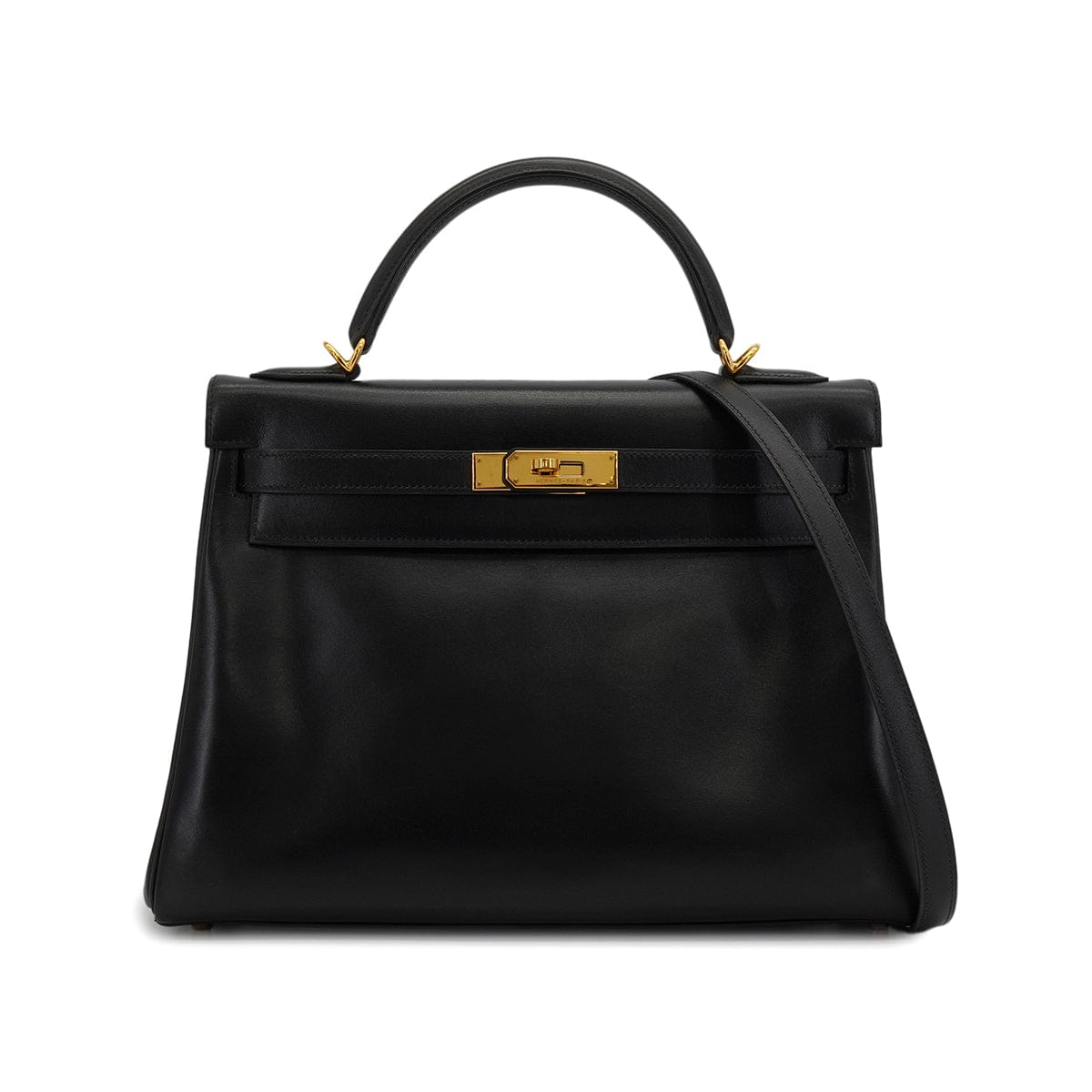 Luxury Promise Japan HERMES KELLY 32 RETOURNE BLACK BOX CALF HAND SHOULDER BAG 2001 SQUARE E GOLD HARDWARE 90339637