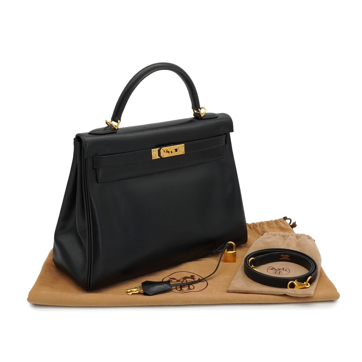 Luxury Promise Japan HERMES KELLY 32 RETOURNE BLACK BOX CALF HAND SHOULDER BAG 2001 SQUARE E GOLD HARDWARE 90339637