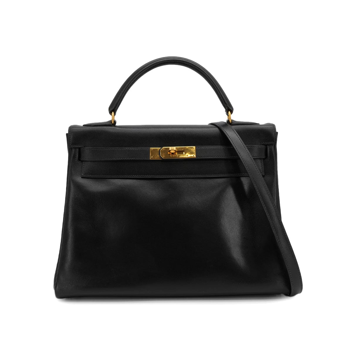 Luxury Promise Japan HERMES KELLY 32 RETOURNE BLACK BOXCALF HAND SHOULDER BAG 1993 CIRCLE W GOLD HARDWARE 90324820