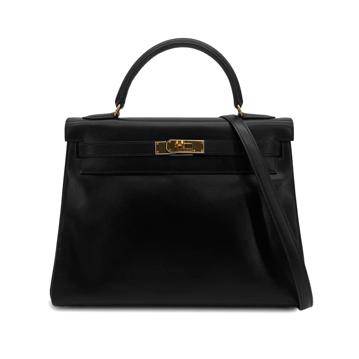 Luxury Promise Japan HERMES KELLY 32 RETOURNE BLACK BOXCALF HAND SHOULDER BAG 〇Z GOLD HARDWARE 90307910