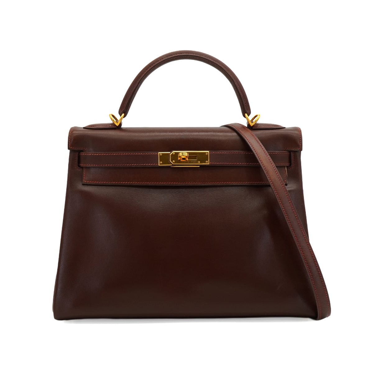 Luxury Promise Japan HERMES KELLY 32 RETOURNE  MARRON FONCE BOX CALF HAND SHOULDER BAG 2001 SQUARE E GOLD HARDWARE 90345991
