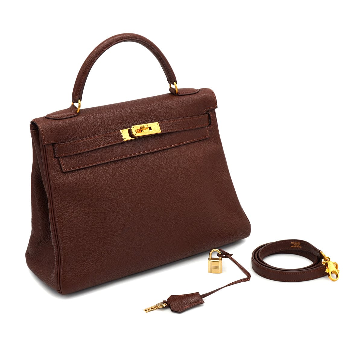 Luxury Promise Japan HERMES KELLY 32 RETOURNE MARRON FONCE TOGO HAND SHOULDER BAG 2000 SQUARE D GOLD HARDWARE 90331851